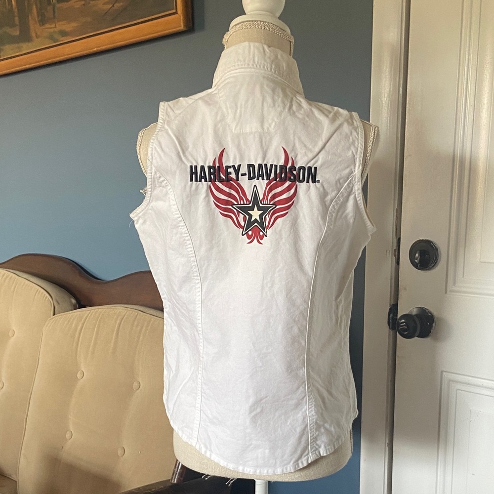 Harley-Davidson White Denim Vest with Red and Black Graphic